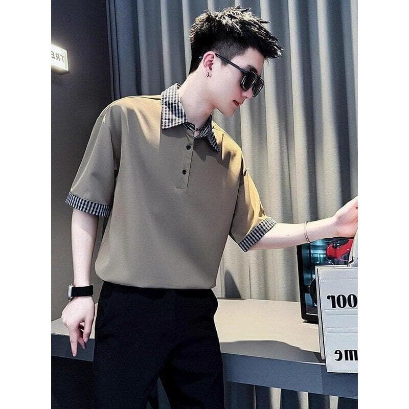 Camisa xadrez de meia manga de verão costura contraste cor 2026 camisa masculina de manga curta camisa POLO novo estilo