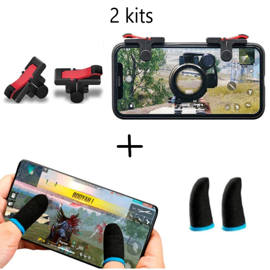 Kit Gamer Gatilho L1 R1 + Luva de Dedo Anti Suor para Celular Free Fire PUBG COD