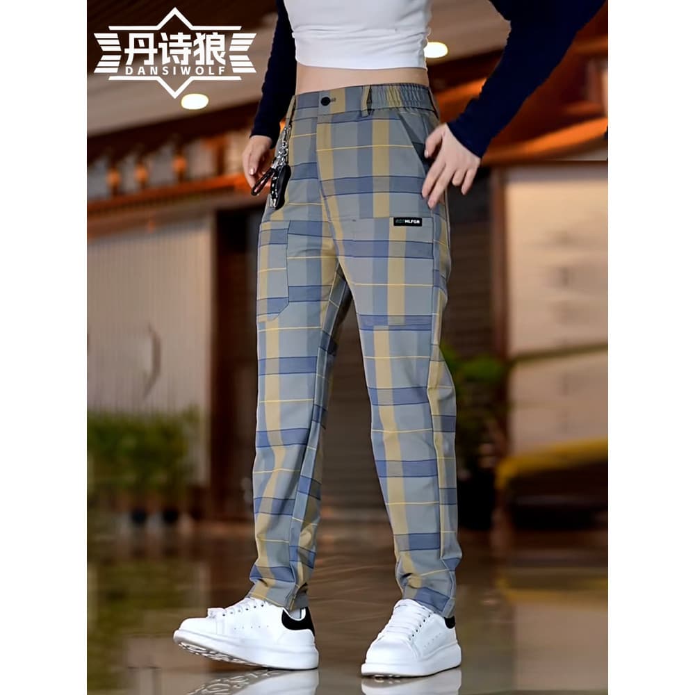 Calças xadrez masculinas calças casuais 2026 novo estilo calças masculinas xadrez outono inverno estilo xadrez macacão c