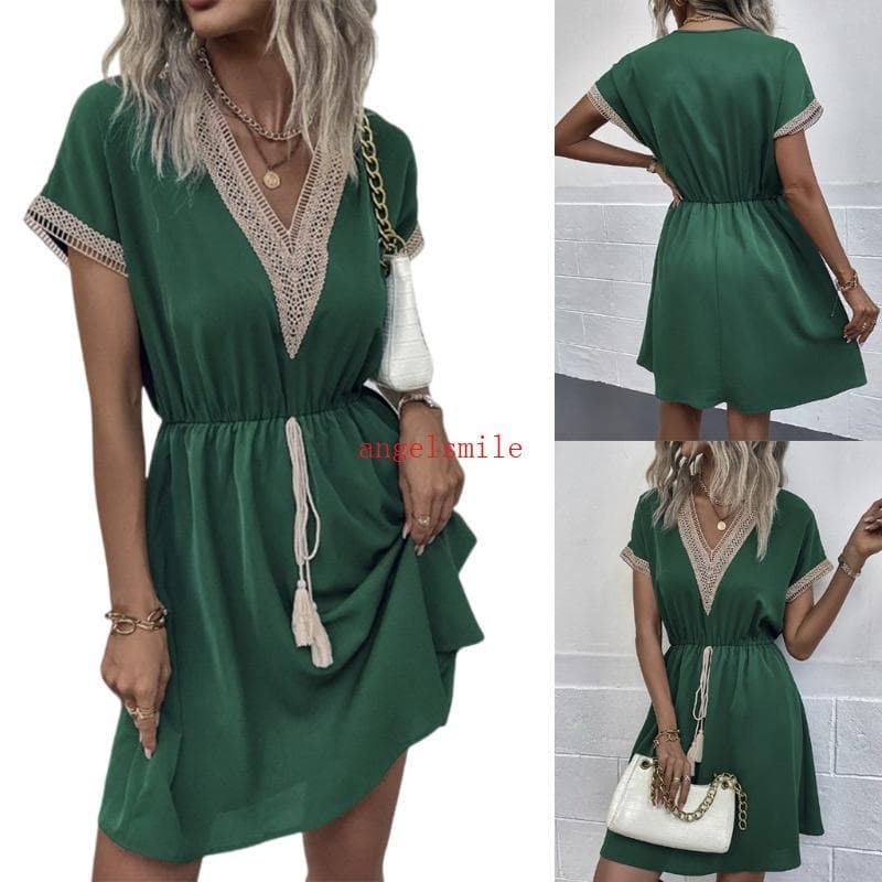 Vestido Midi Feminino Ace De Manga Curta Com Decote Em V E Renda Cordão Na Cintura