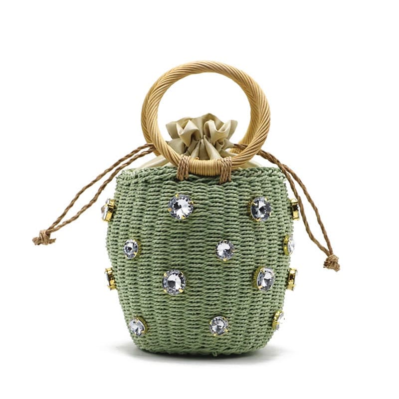 Bolsa de Palha Pequena com Cordão, Bolsa de Mão Feita à Mão com Decoração de Strass, Bolsa de Praia de Verão para Mulher