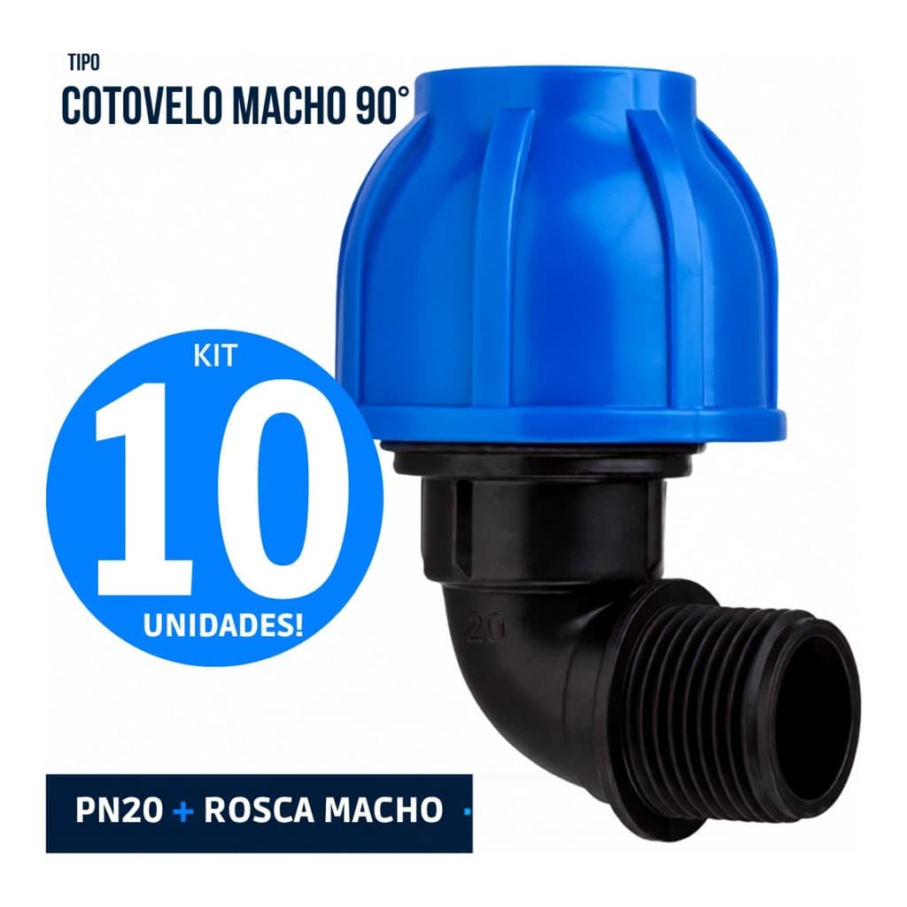 Kit com 10 Cotovelos Macho de Compressão PEAD 32mm x 1 PN20 Pietrobon - Conexão 90° Rosca Macho para Tubo PEAD Água Fria