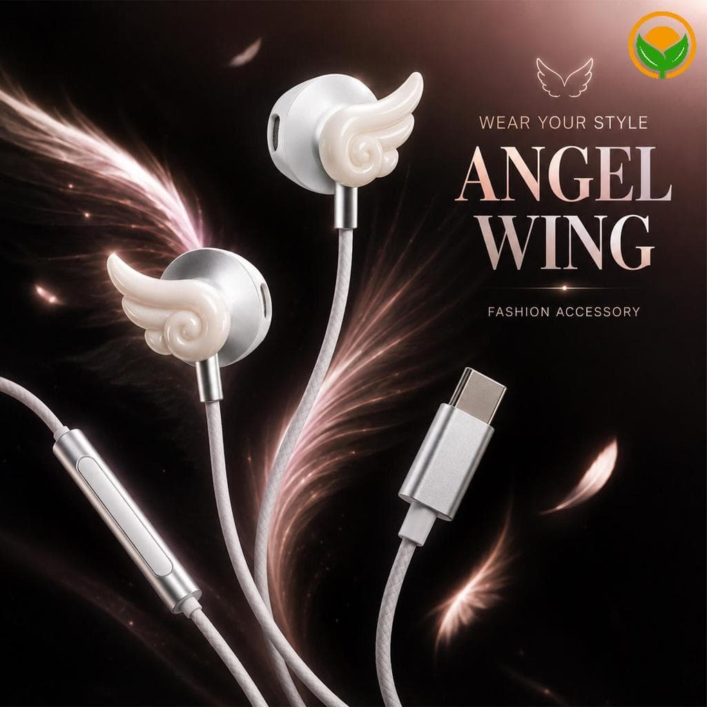 Fones De Ouvido Fashion Angel Wing USB-C-Fone Com Microfone Em Linha Semi-Intra-Auricular-Cabo Anti-Emaranhado De 1.2 M