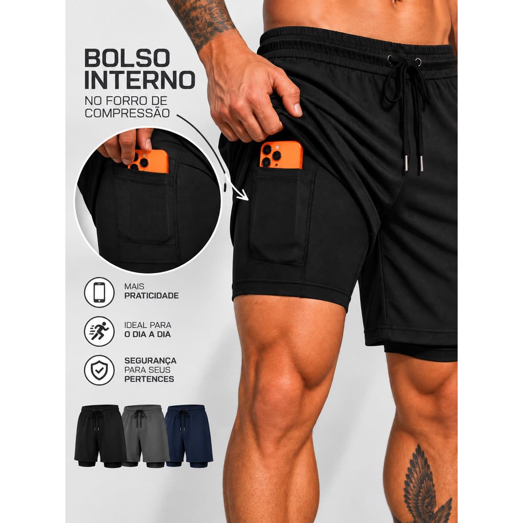 Bermuda Dupla Treino Musculação Compressão  Forro e Bolso Interno