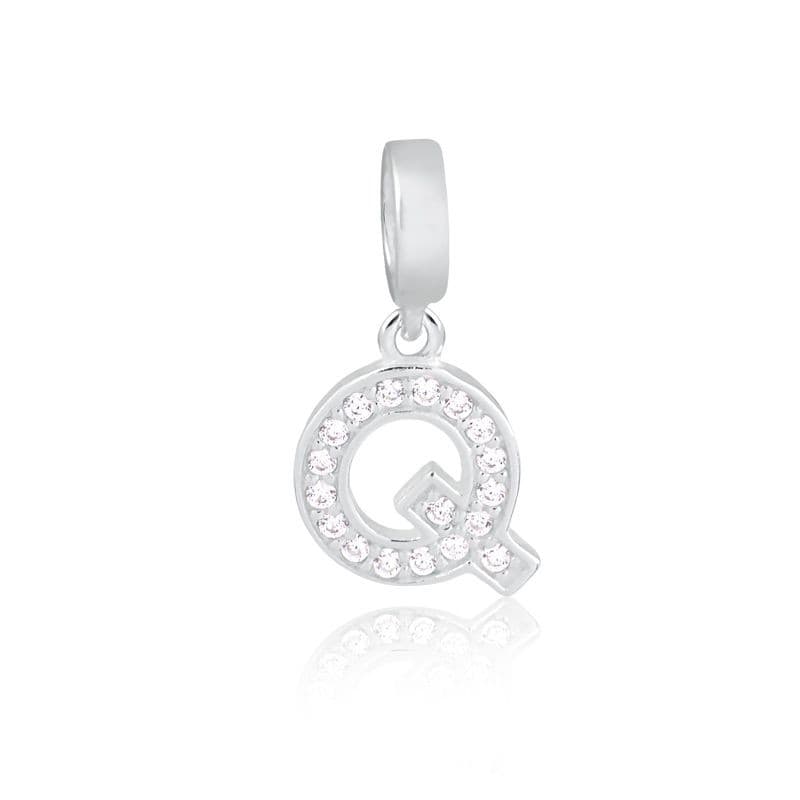 Pingente Letra Q Prata Legítima 925 Cravejado Zircônias Brancas Compatível Com Todas As Pulseiras