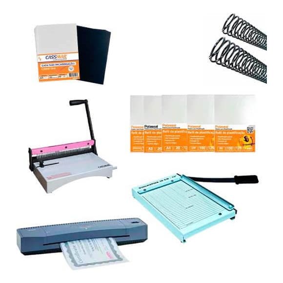 Kit Encadernadora, Guilhotina, Plastificadora, Insumos 110v