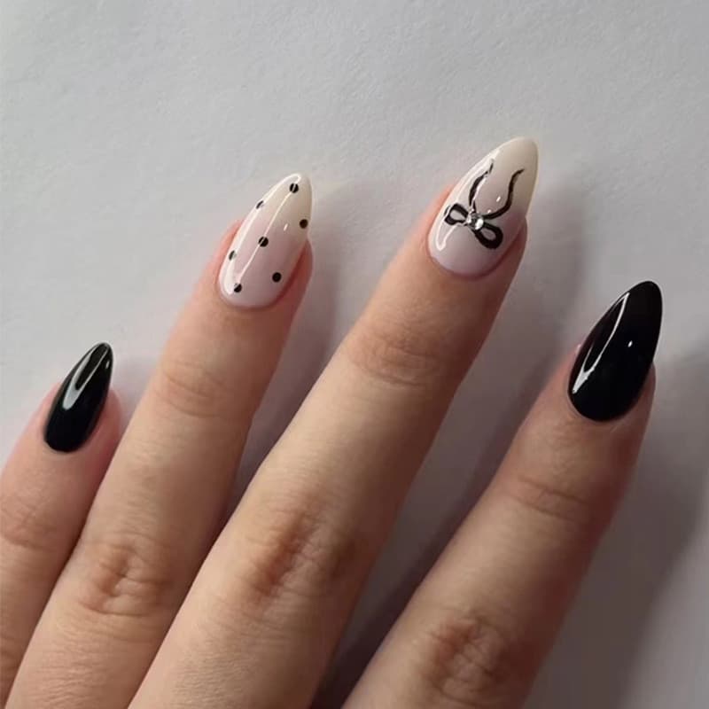Unhas Postiças Brancas com Bolinhas, Laço e Strass - 30 Peças de Unhas Falsas Reutilizáveis, Amêndoa Curta