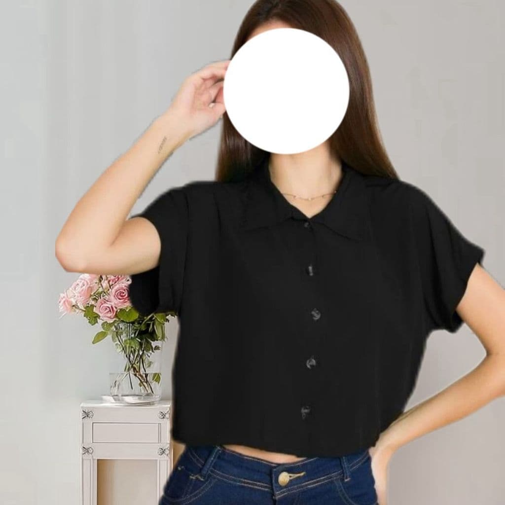 blusa de camiseta CURTO feminino manca curto com 5 botão