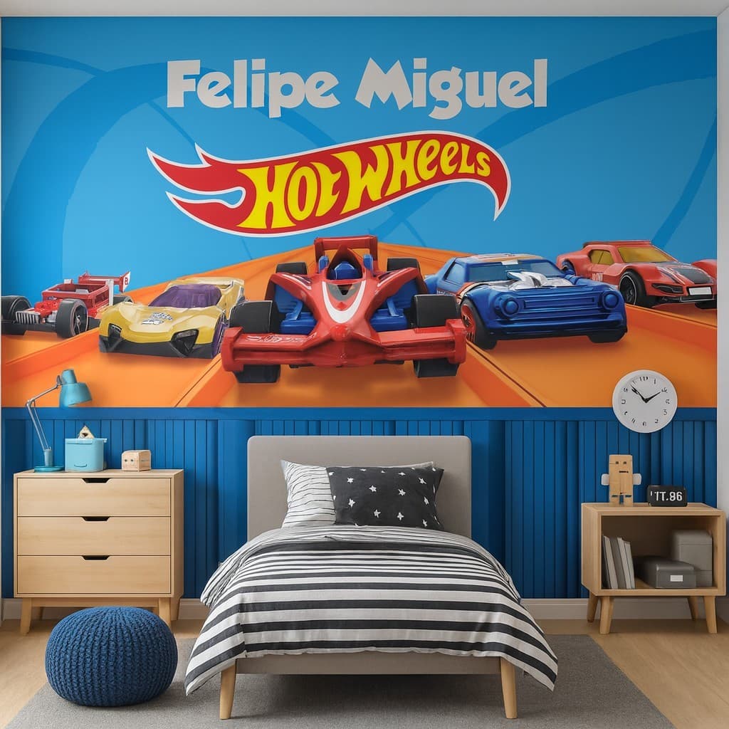 Papel de Parede Hot Wheels ADESIVO PAREDE TODA + Nome