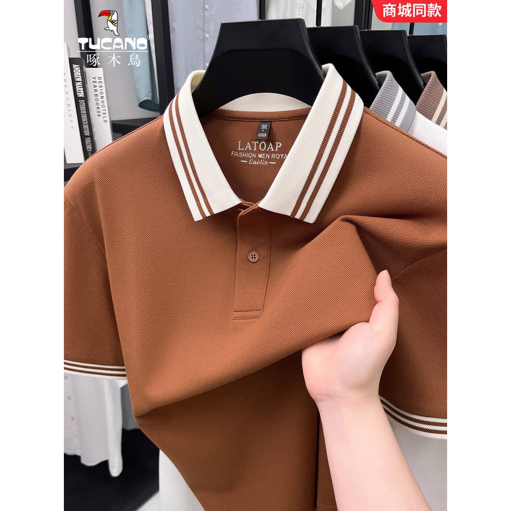 Woodpecker camisa Polo masculina de manga curta verão puro algodão respirável lapela manga curta camiseta médio @-