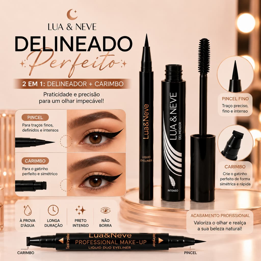 Kit Máscara de Cílios Super Preta + Delineador PINCEL PRETO OU MARROM Lua & Neve Profissional Longa Duração