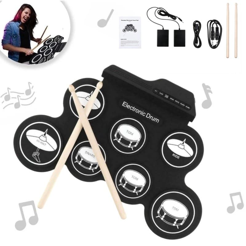 Bateria Eletrônica Compacta USB com 7 Pads,2 Pedais e 2 Baquetas,Instrumento Musical Portátil para Crianças e Iniciantes
