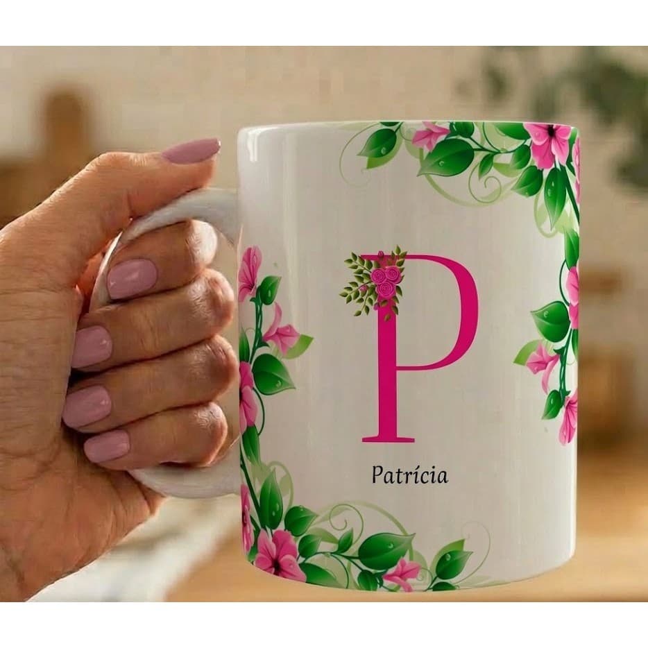 Caneca Personalizada Letra e Nome Floral Para Presente Xícara Personalizada Alta Qualidade