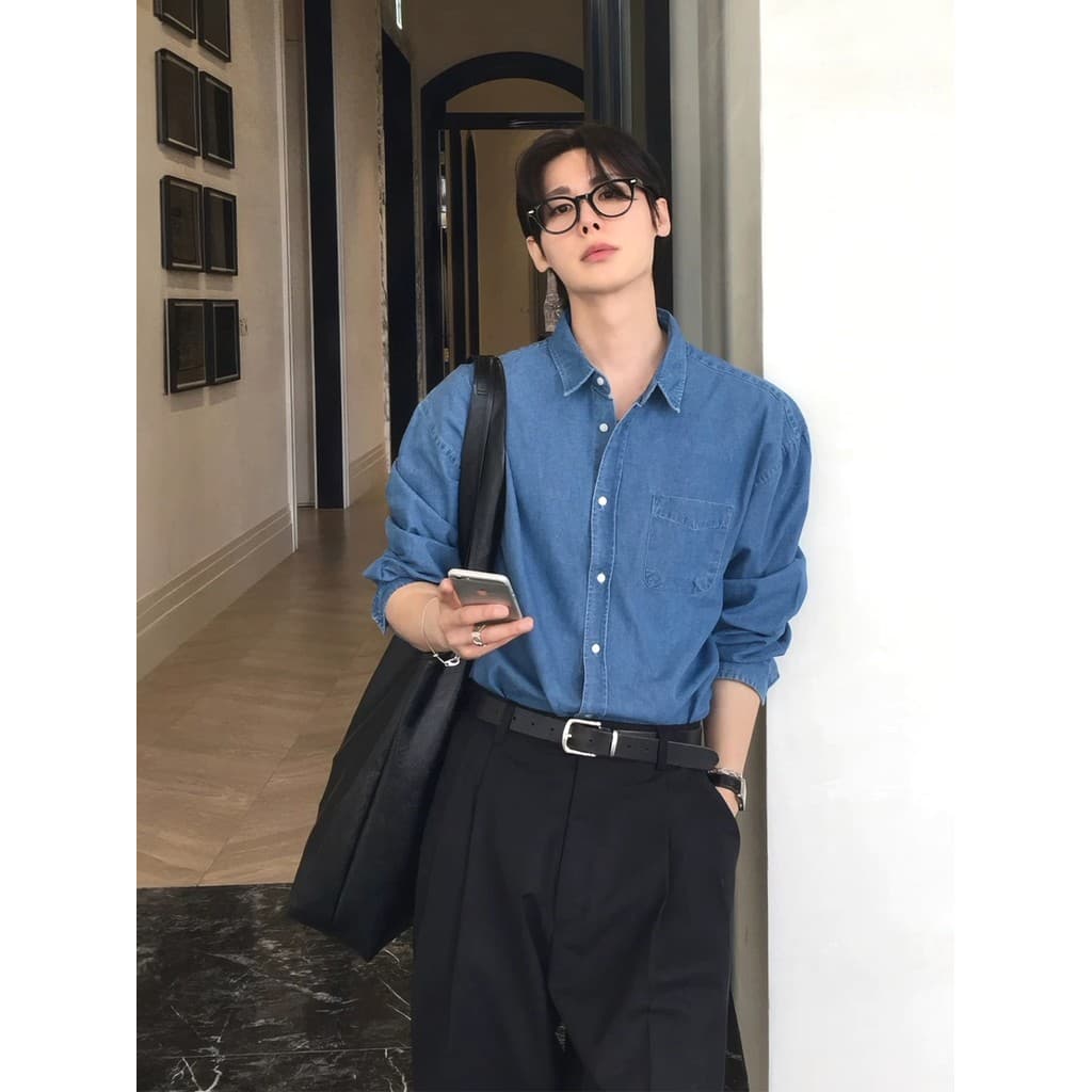 Camisa jeans retrô americana masculina, azul, bolso único, protetor solar, manga comprida, fina, esportes ao ar livre, r