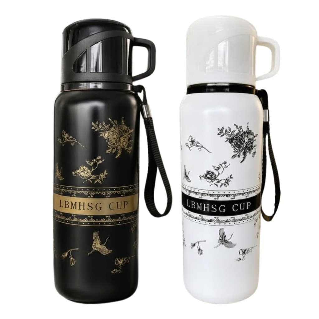 Garrafa Térmica 600ml Com Caneca Tampa Aço Inox Floral Alça Transporte Quente Frio Escritório Viagem