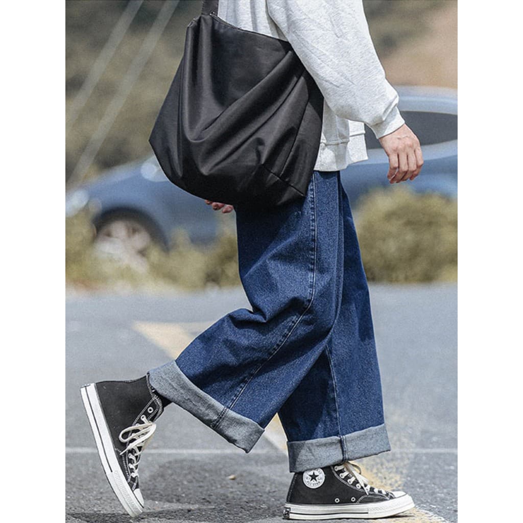 Calças de brim azul escuro masculinas soltas retas calças de perna larga japonês cityboy calças masculinas Retro Plus Si