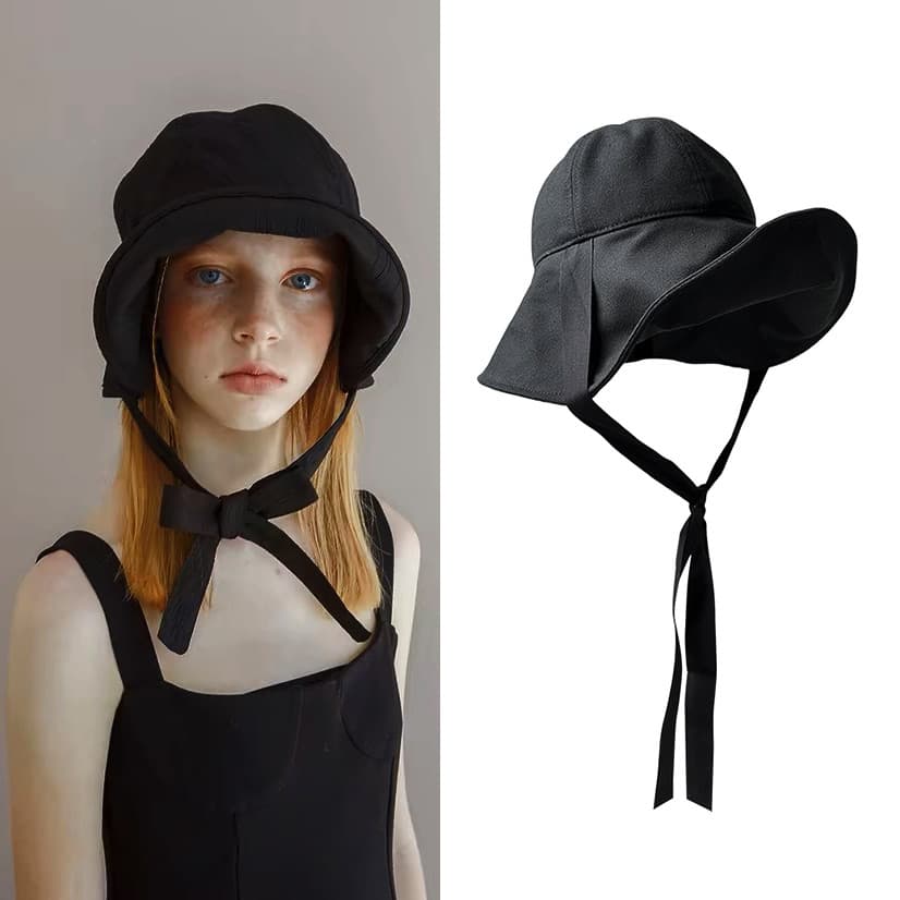 Verão puro algodão preto cúpula bacia chapéu feminino estilo japonês respirável rendas Bowknot protetor solar aba grande