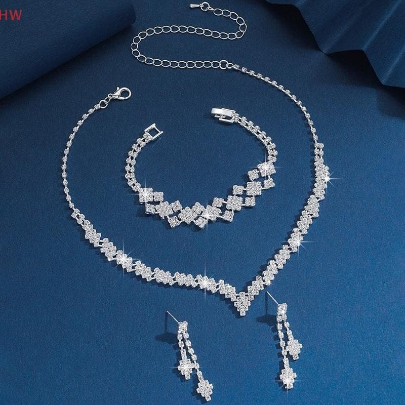 Conjunto de Joias Geométricas com Strass: Colar, Brincos e Pulseira, Conjunto Simples para Casamento, Presente Brilhante