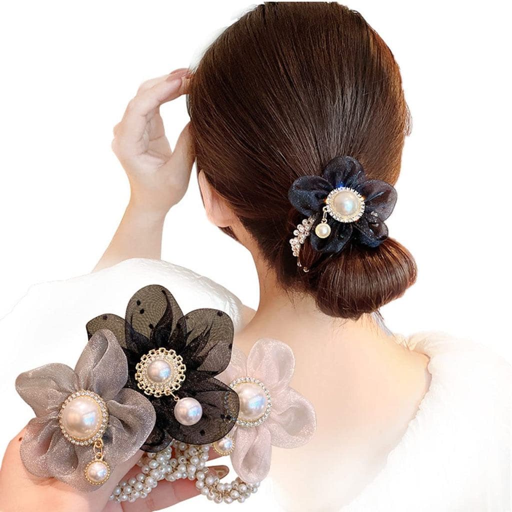 LOVEF Faixa Elástica para Cabelo com Flores e Pérolas, Acessório para Cabelo, Prendedor de Rabo de Cavalo para Mulheres