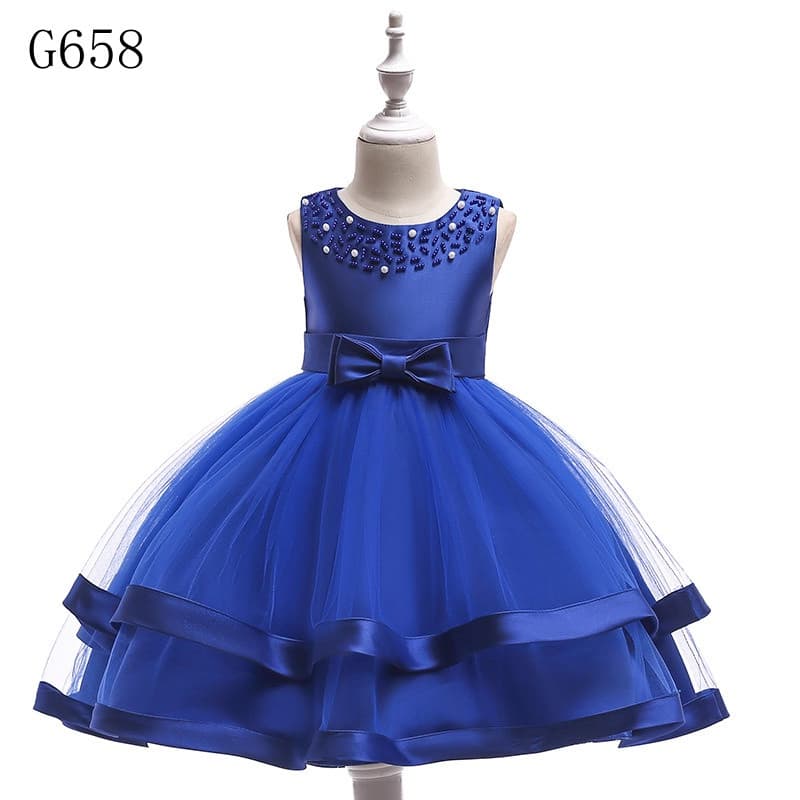 Vestido Tutu Formal para Crianças, Vestido de Tule Azul Royal com Aplicações de Pérolas para Casamento/Festa de Aniversá