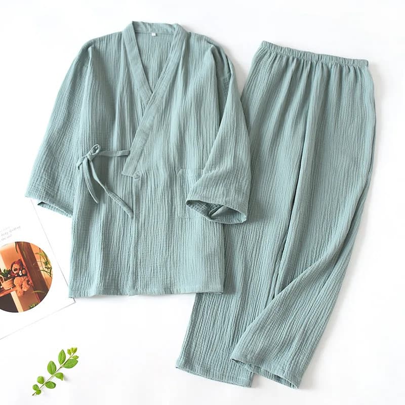 2026 Conjunto Quimono Japonês 100 % Algodão Pijamas De Duas Peças Casal Yukata Solto Suor Masculino E Feminino Terno Fum