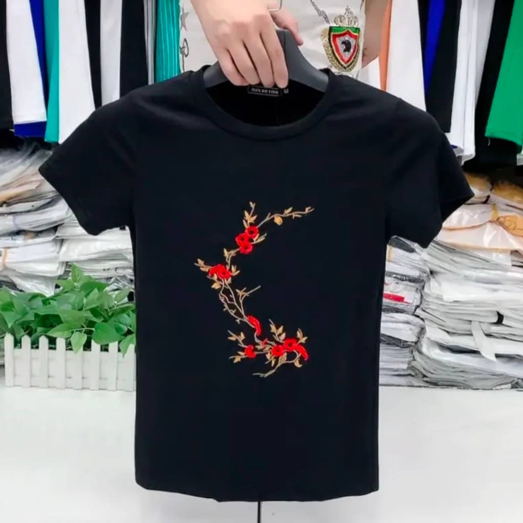 Masculino verão puro algodão de manga curta camiseta masculina na moda estilo chinês bordado flor de ameixa meia manga S