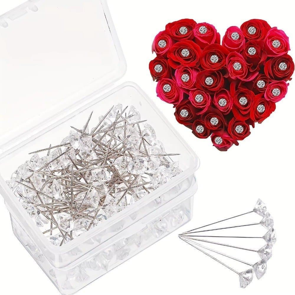 100 Pçs Buquê Pinos Flor Pino Redondo Diamante Cristal Floral Strass Casamento Corsages Cabeça Reto