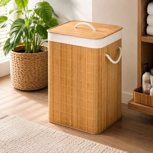 Cesto Roupas 50 Litros Tampa Alça Bambu Armazenamento Prático Ventilação Sustentável Elegante