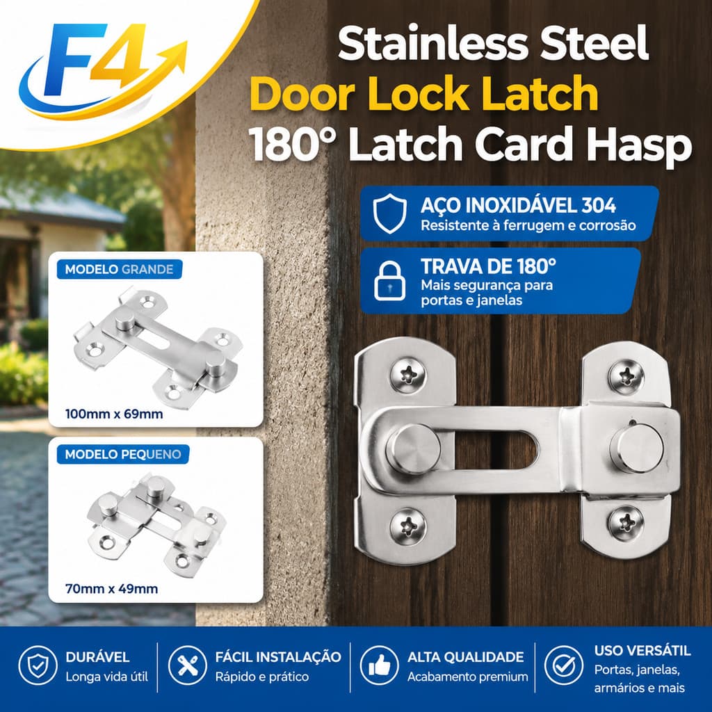 F4 Trava Fecho 180° Fechadura de Porta Aço Inoxidável 180° Trinco Tarjeta Ferrolho