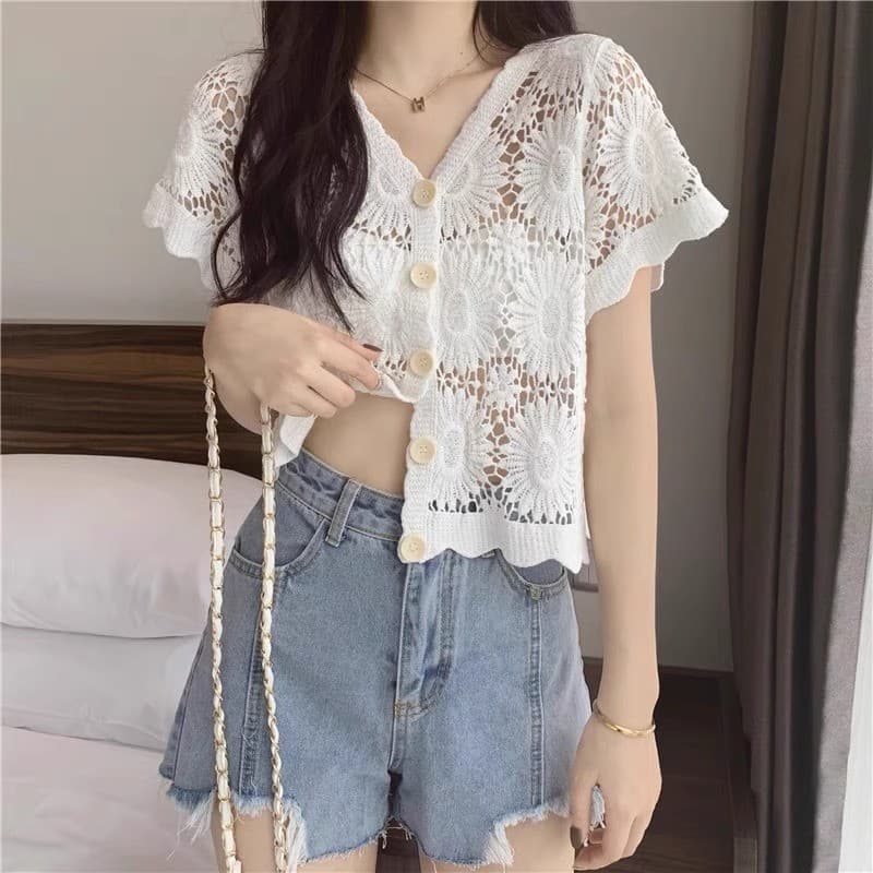 Renda de manga curta topo feminino 2022 verão novo estilo estilo francês oco malha Cardigan moda pequena camisa exterior