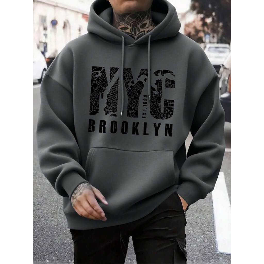 Moletom Casual de Rua Masculino com Letras Preppy, Bolso com Cordão, Estampa de Slogan, Primavera/Outono - PROMOÇÃO