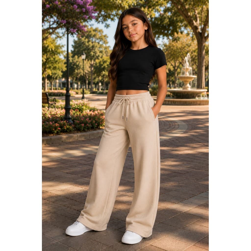 Calça Pantalona Wide Leg Moletom Feminina Infantil Cós Elástico Bolso Confortável