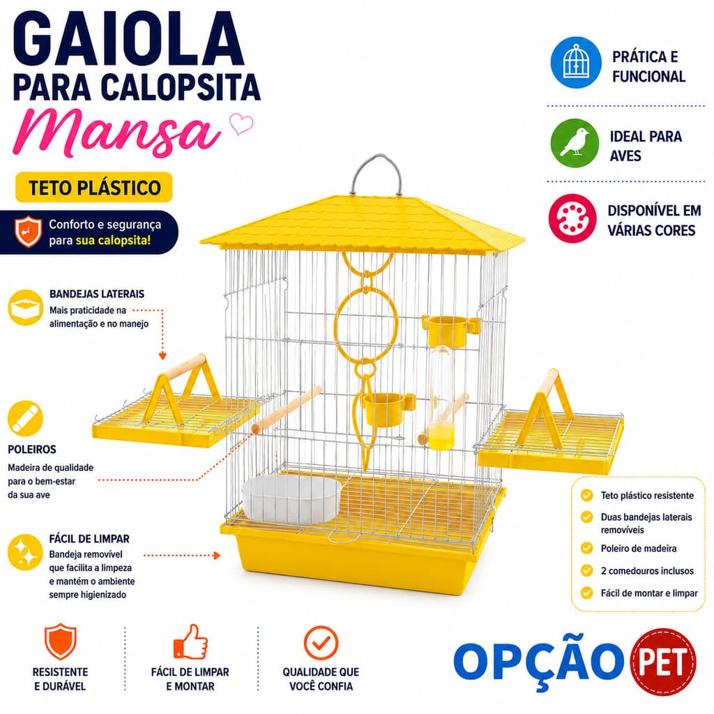 Gaiola para calopsita mansa teto plástico na cor Amarela Opção Pet
