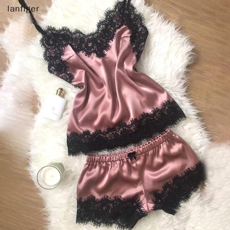 Conjunto De Pijama Feminino De Cetim Cami Com Acabamento Em Renda , 2 Peças , Material Macio Para Casa