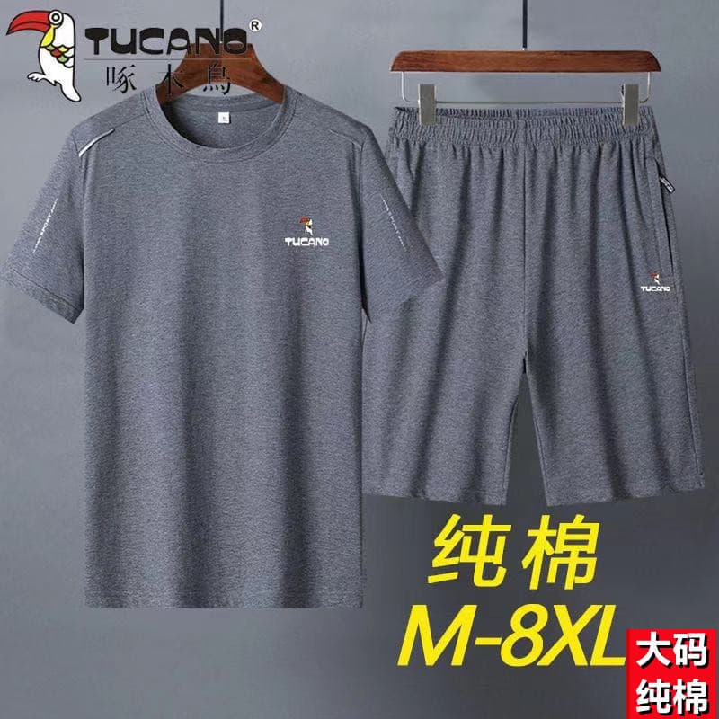 Woodpecker puro algodão manga curta terno masculino verão Plus Size camiseta de meia-idade Shorts soltos esportes casuai