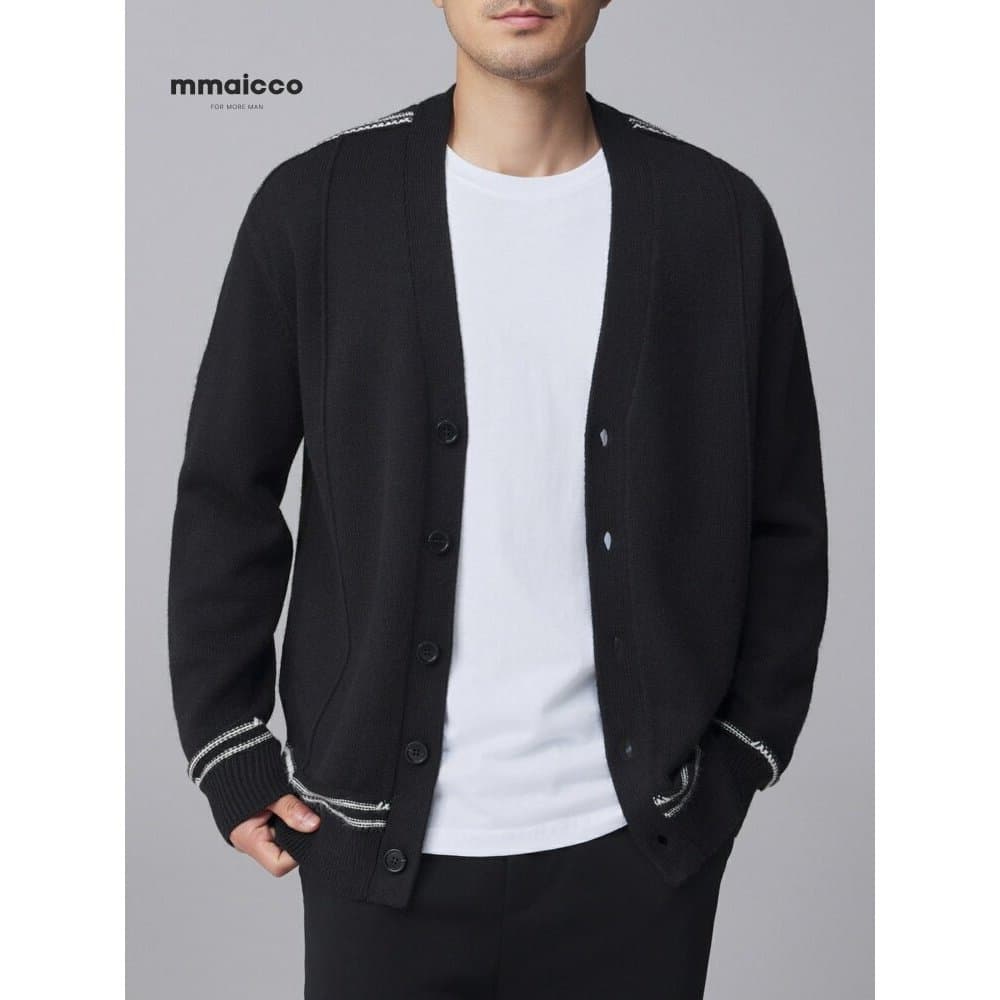 Momaike roupas masculinas simples com decote em V malha Cardigan masculino 2024 outono solto Casual listrado contraste c