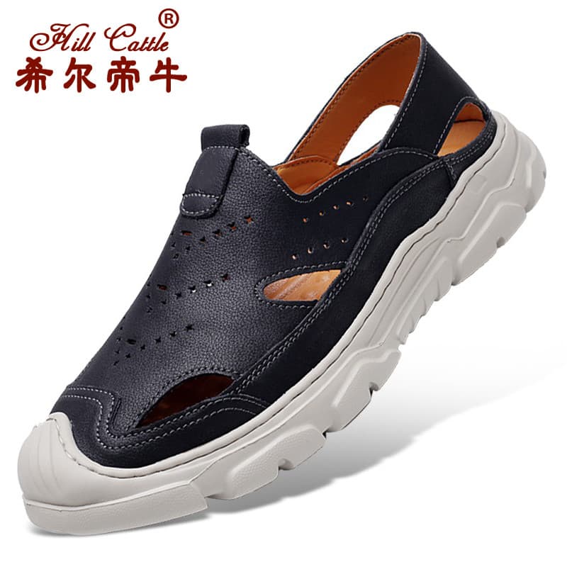 Sandálias anti-chute masculinas sandálias de verão sapatos de couro genuíno respirável sola macia pai de meia-idade anti