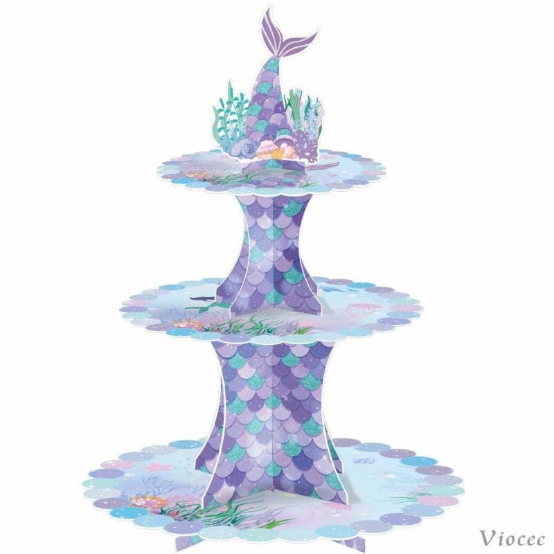 [Viocee] Suporte Para Cupcake De Sereia De 3 Camadas , Fácil De Montar , Detalhes Brilhantes Sob O Mar , Exibição De Chá