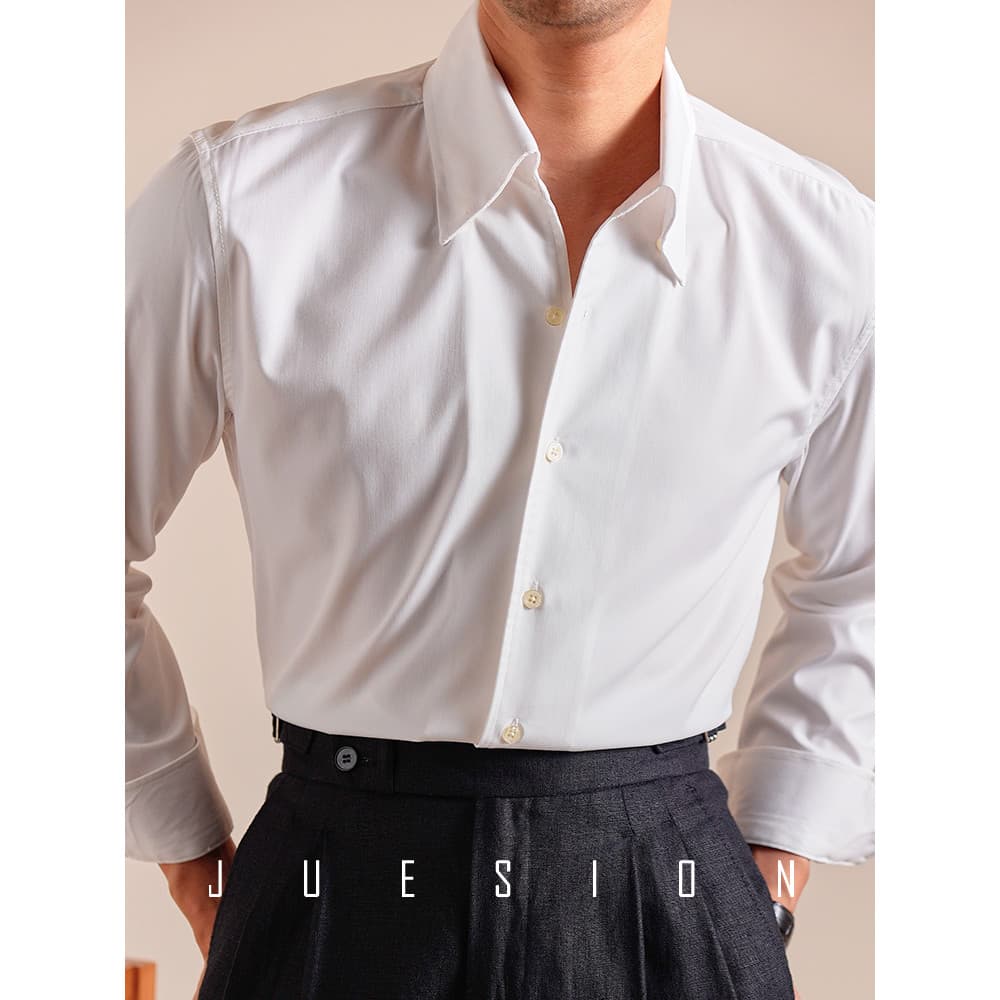 [Fibra de bambu de alto conforto] JUSION estilo italiano sem ferro gola de uma peça camisa de manga comprida masculina c