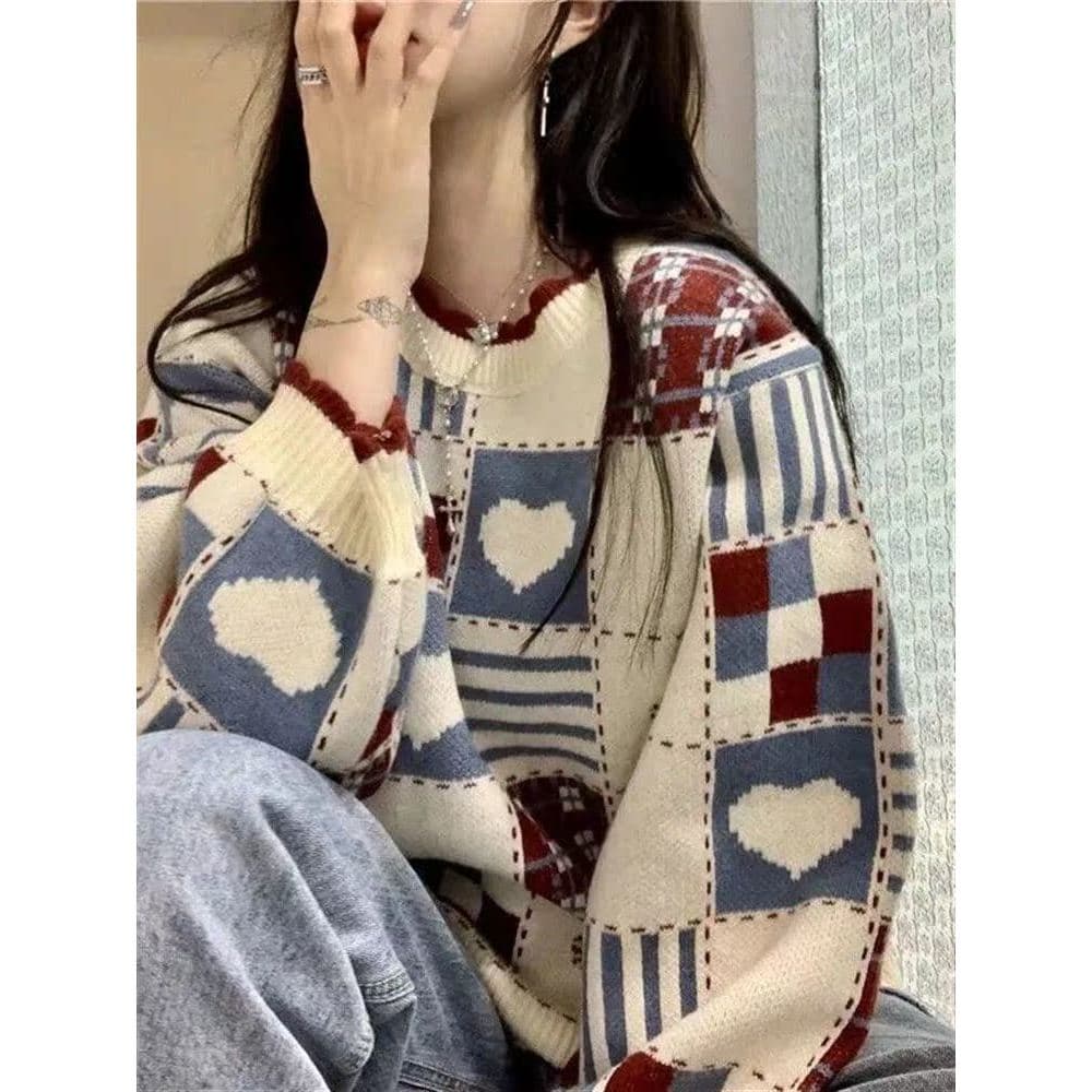 Japonês Retro contraste cor listrado Casual camisola jaqueta feminina estilo preguiçoso solto macio ceroso saco feminino