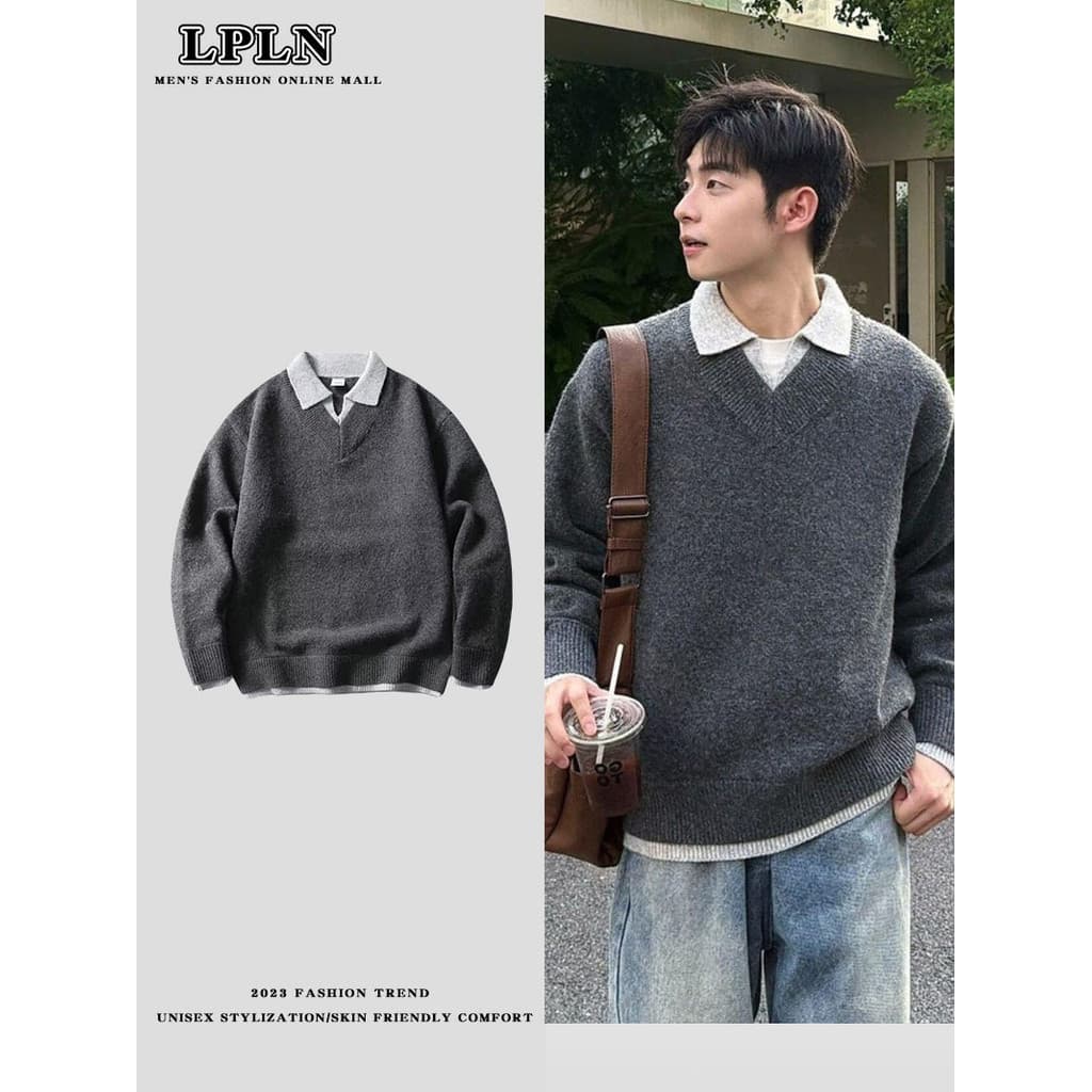 LPLN falso camisola de duas peças com decote em V das mulheres dos homens outono inverno atmosfera americana polo camisa