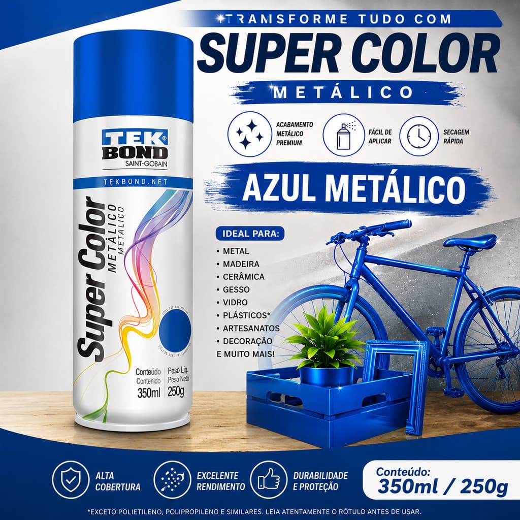 Tinta Spray Aerossol Tekbond Metálica Super Color Azul Metálico 350ml  250g