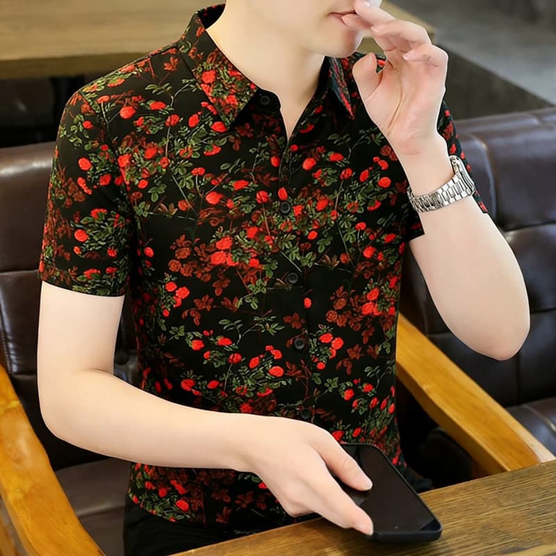 Bens europeus verão novo estilo masculino Floral gelo seda camisa de manga curta moda All-Match magro-ajuste St