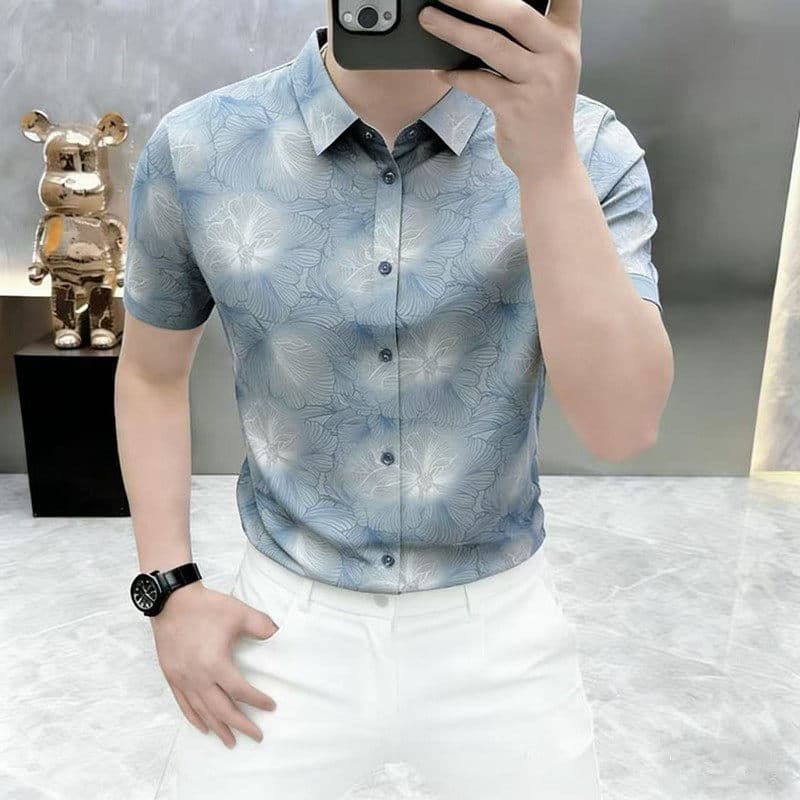 Camisa masculina europeia fina de manga curta gradiente flor camisa de manga curta seda gelo sem costura negócios Casual