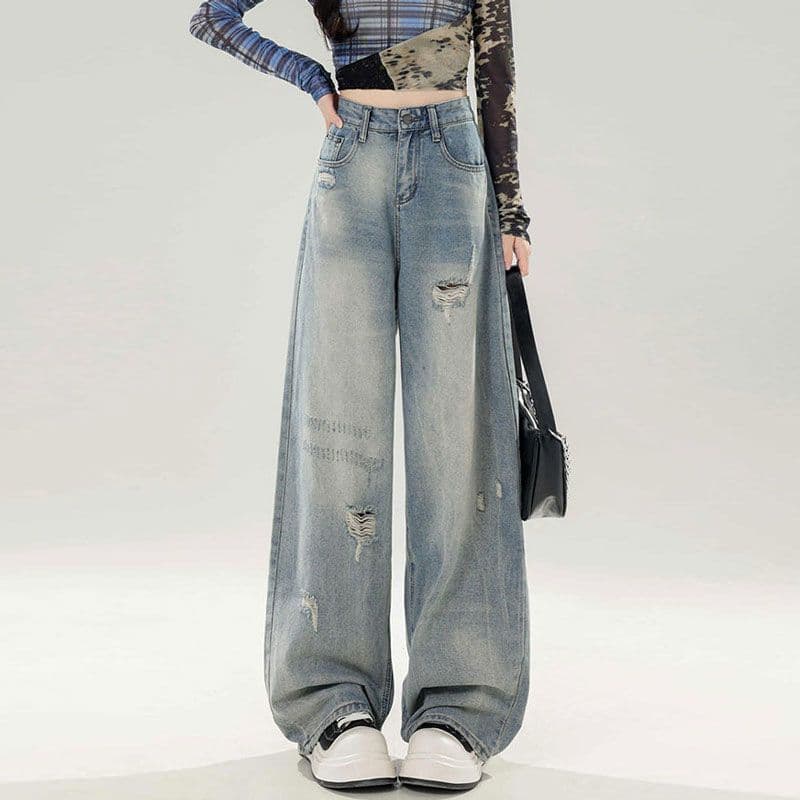 Calças jeans rasgadas estilo retrô americano para mulheres, verão 2026, modelo reto solto, comprimento até o chão, perna