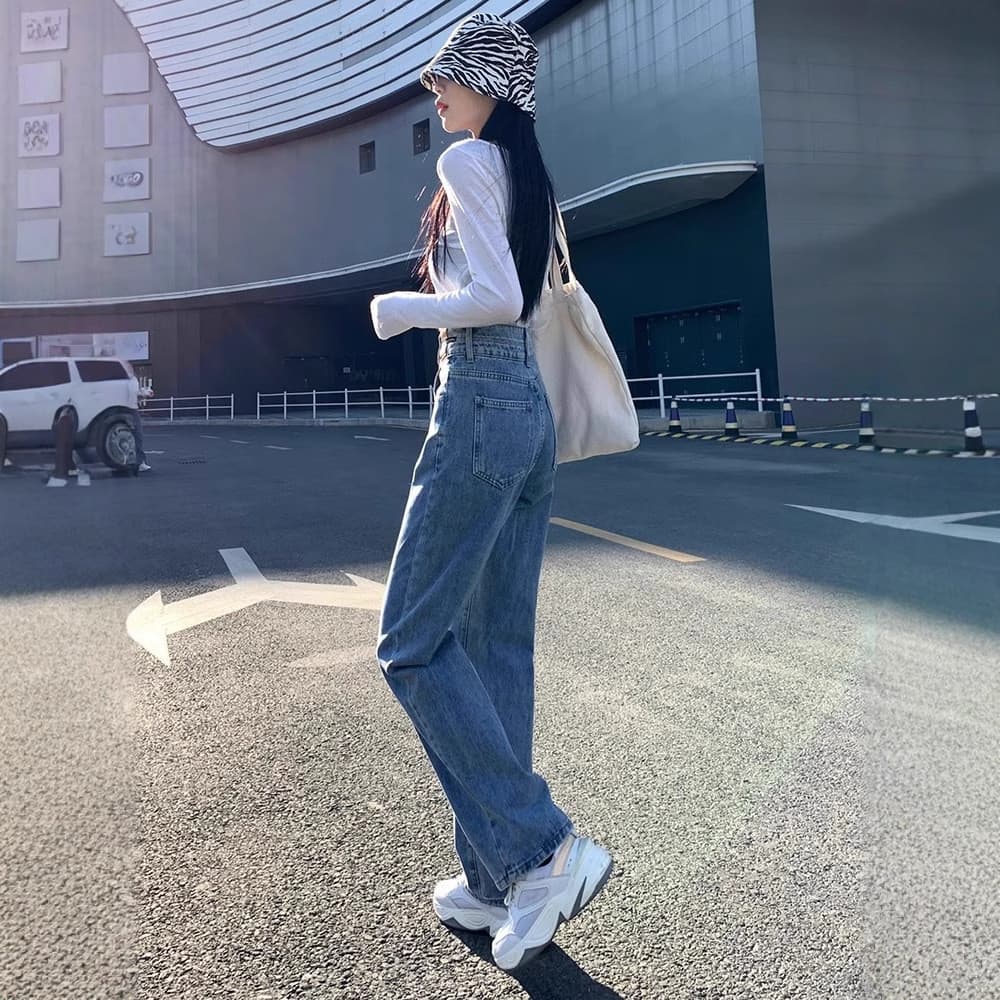 Calças jeans de cintura alta, soltas, de perna larga e corte reto, estilo vintage, para mulheres pequenas, nova coleção
