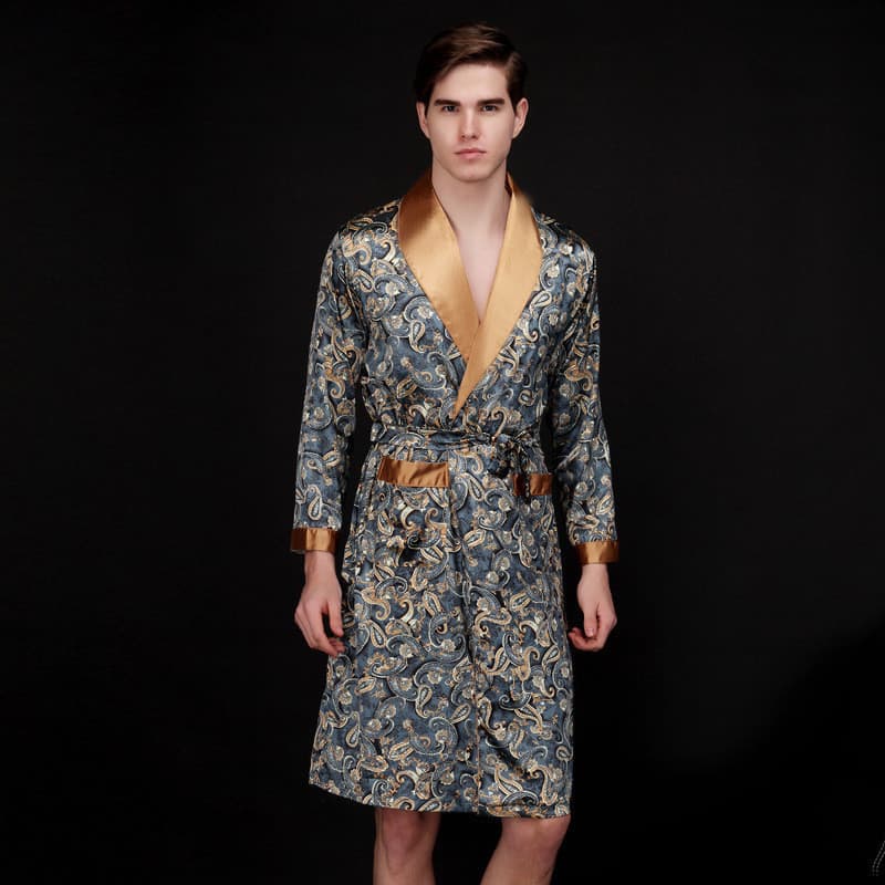 Pijamas de Seda Masculinos de Verão, Roupão de Seda Gelada de Comprimento Médio para Uso Doméstico, Roupas de Casa de Ma