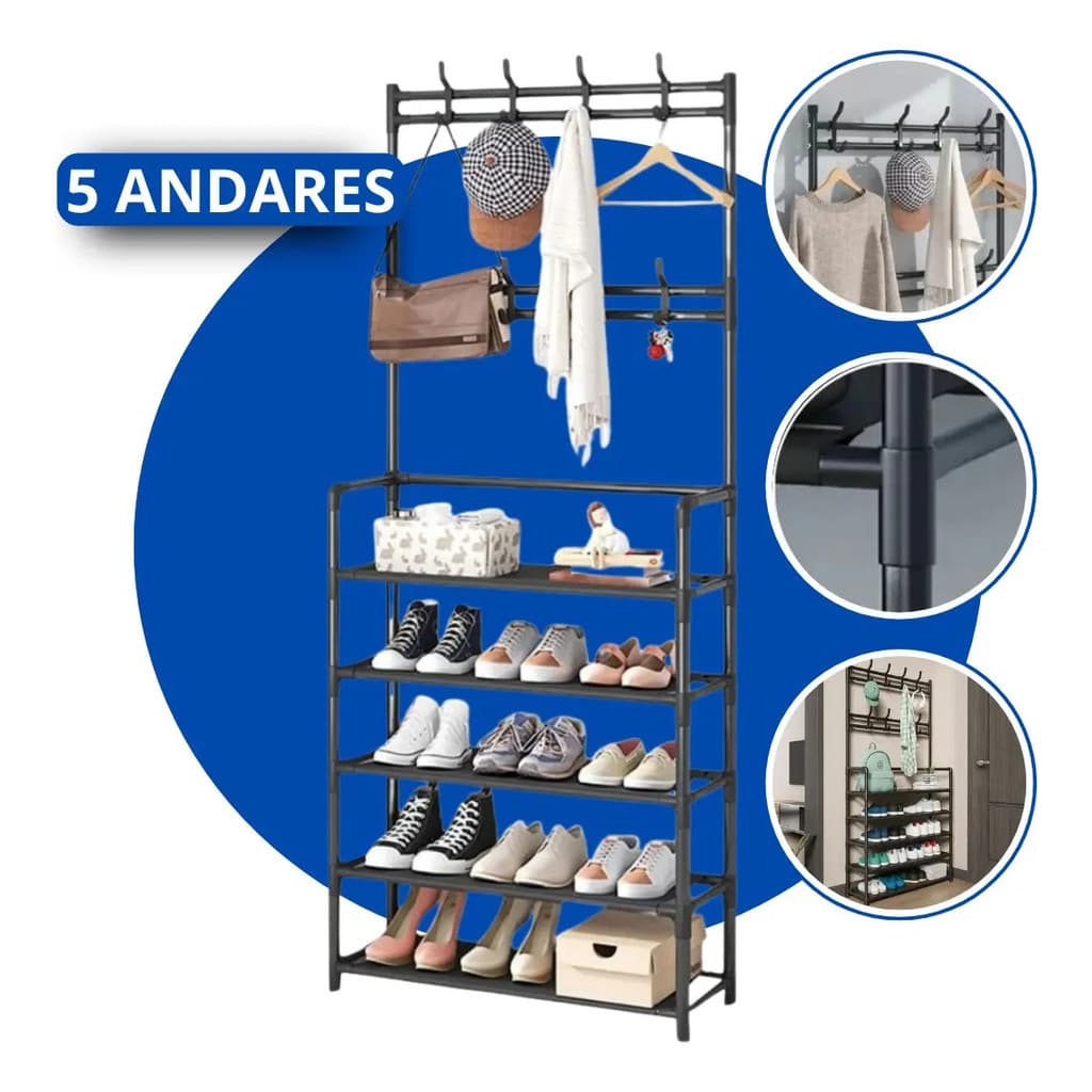 Arara Prateleira Organizadora 5 Andares Epsilon EPS-9160 Preto com Ganchos