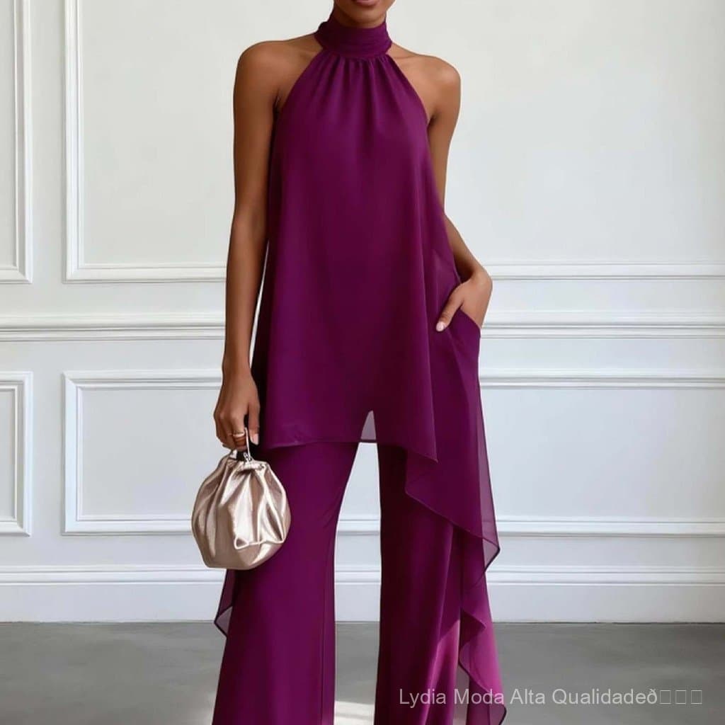 [Oferta especial por tempo limitado] Elegante conjunto de duas peças de chiffon com decote halter, de alta qualidade e t