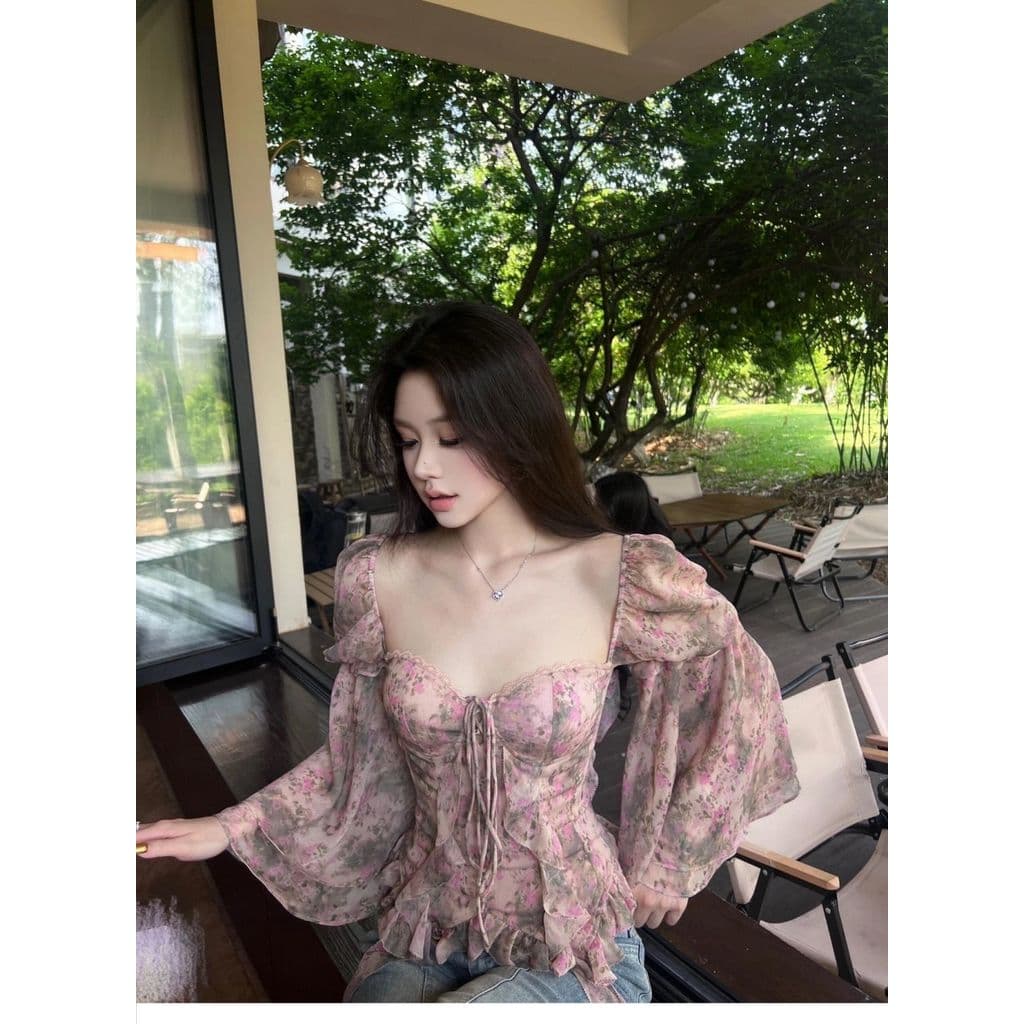 Camisa Floral Irregular Chiffon manga larga cintura estreita